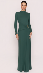 Cargar imagen en el visor de la galería, VESTIDO LARGO VERDE CON DRAPEADO Y DETALLES DORADO
