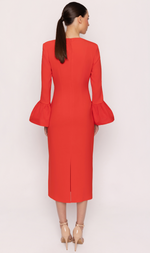 Cargar imagen en el visor de la galería, VESTIDO MIDI CORAL CON ESCOTE EN V Y MANGAS ACAMPANADAS
