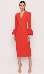 Cargar imagen en el visor de la galería, VESTIDO MIDI CORAL CON ESCOTE EN V Y MANGAS ACAMPANADAS
