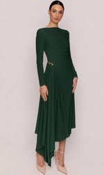Cargar imagen en el visor de la galería, VESTIDO MIDI DE CORTE ASIMETRICO VERDE BOTELLA
