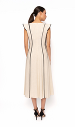 Cargar imagen en el visor de la galería, VESTIDO MIDI BEIGE RAYA NEGRA
