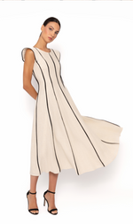Cargar imagen en el visor de la galería, VESTIDO MIDI BEIGE RAYA NEGRA
