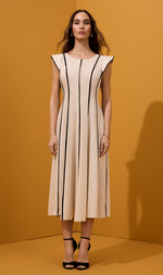 Cargar imagen en el visor de la galería, VESTIDO MIDI BEIGE RAYA NEGRA
