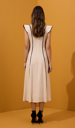 Cargar imagen en el visor de la galería, VESTIDO MIDI BEIGE RAYA NEGRA
