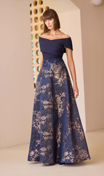 Cargar imagen en el visor de la galería, VESTIDO LARGO BROCADO AZUL MARINO
