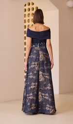 Cargar imagen en el visor de la galería, VESTIDO LARGO BROCADO AZUL MARINO
