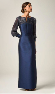 VESTIDO LARGO MARINO CON LÚREX PLATA