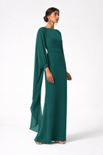 Cargar imagen en el visor de la galería, VESTIDO LARGO CREPE MANGA ABULLONADA, COLOR VERDE PATO
