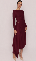 Cargar imagen en el visor de la galería, VESTIDO MIDI ASIMETRICO GRANATE
